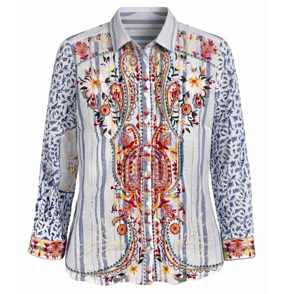 John Mark Womens Small Blue Striped Floral Paisley Embroidered Shirt Boho - AC